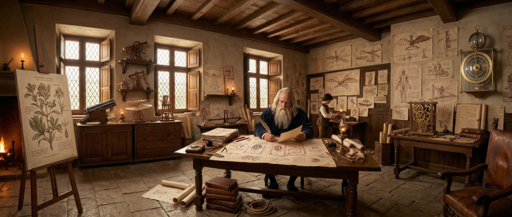 Illustration de Léonard de Vinci imaginant les plans d'un photobooth dans son atelier