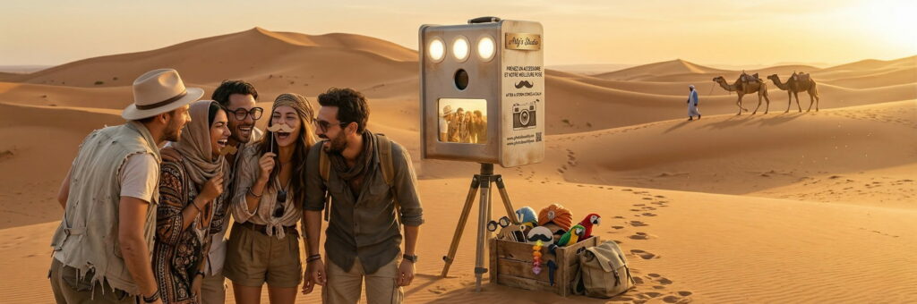 Location photobooth désert avec voyageurs au coucher du soleil