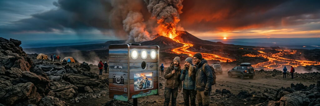 Photobooth installé devant un volcan en éruption avec des visiteurs prenant la pose