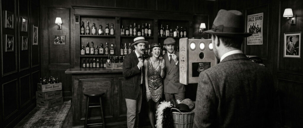 Photobooth lors d'une soirée rétro inspirée des années 20 avec invités en tenue vintage