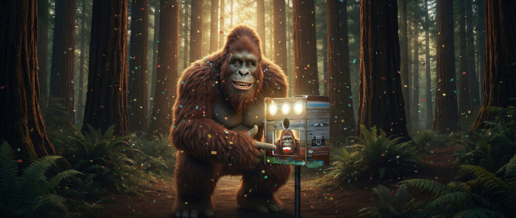 Photobooth installé dans une forêt de séquoias avec Bigfoot prenant une photo