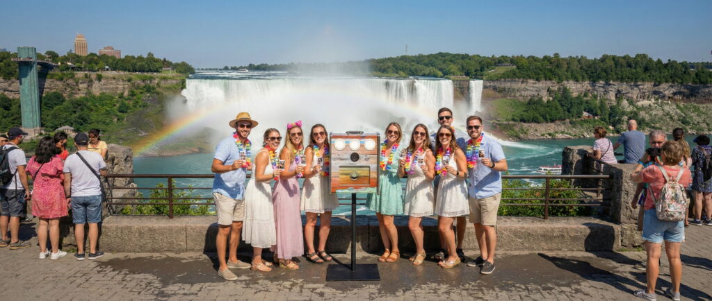 Borne photo événement installée devant les chutes du Niagara avec un groupe d'amis souriants