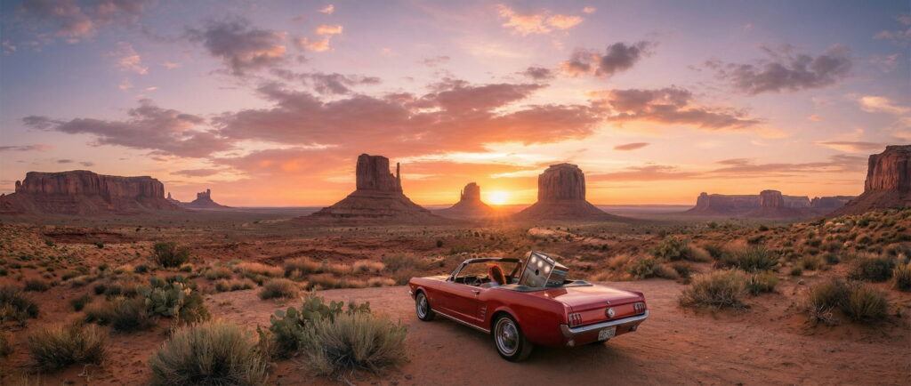 Photobooth transporté dans une Mustang sur la Route 66 au coucher du soleil