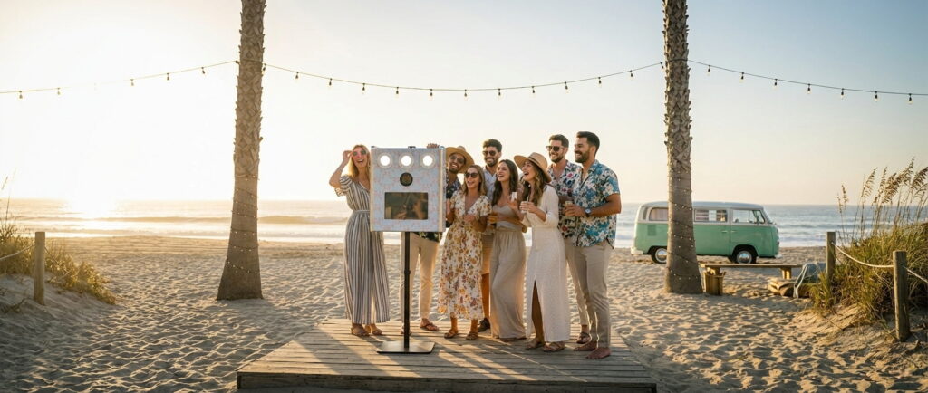 Photobooth installé sur une plage au coucher du soleil avec un groupe d'amis