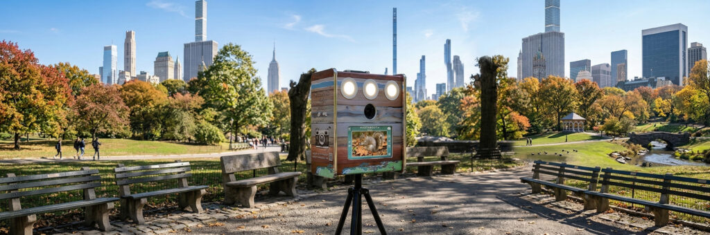 Photobooth installé à Central Park avec un écureuil curieux devant l'objectif